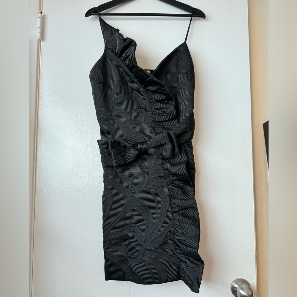 Milly Black Brocade Ruffle Belted Bow Cocktail Dress Saks sz.12